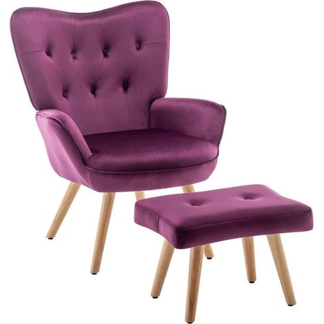 Ohrensessel mit Hocker aus Samt, Lila, Relaxsessel mit Lendenwirbelstütze (1/5)