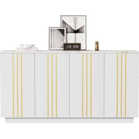 Sideboard 140x35x70 cm Weiß Gold aus Spanplatte mit 4 Türen, verstellbaren Trennwänden und 45 kg Traglast (1/5)