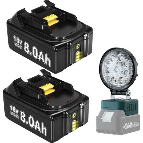 Batería para herramientas eléctricas, capacidad de 8000 mAh, compatible con BL1830, 2 x 8,0 Ah, 1 x luz de trabajo (1/2)
