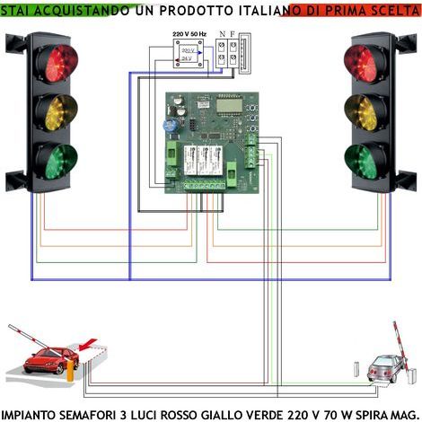 Semaforo Kit Impianto 3 Luci 3 Schede da 24 Led Rossi 24 Led Gialli 24 Led Verdi 24 V 3W CE IP65 Centrale di Comando Selezione Funzioni Controllate da 2 Spire Interrate 6 MT Tempi Regolabili da 3 a 24 (1/5)