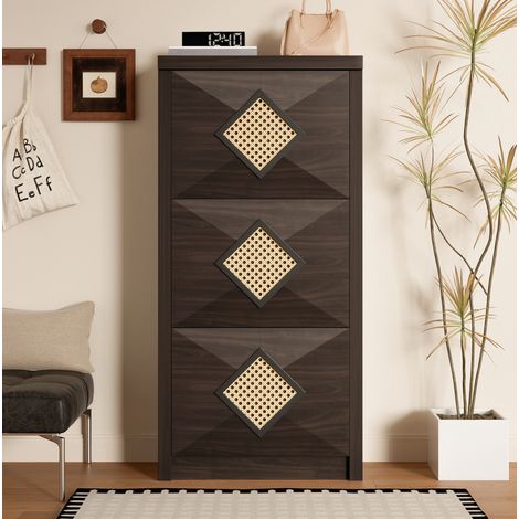 Scarpiera 54x25x115 cm con 3 ante ribaltabili, in legno e rattan, marrone (1/5)