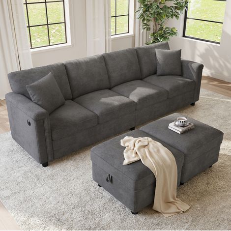 Sofá modular de 6 plazas en tela gris, configuración en L o U, 2 pufs con almacenaje, puertos USB y USB-C, asientos con muelles ensacados para salón – CHICFURN (1/5)