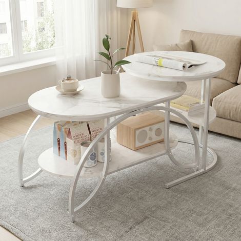 Set di 2 Tavolini da Salotto, Tavolini sovrapponibili 80cm e 52cm, Tavolo da caffè a 2 ripiani effetto marmo, Struttura in metallo, Stile moderno, Argento