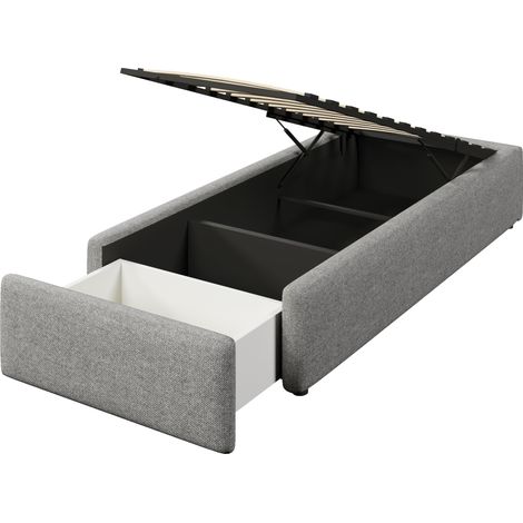 Cama plataforma tapizada 90 x 200 cm gris con almacenaje hidráulico y cajón, sin cabecero (1/5)