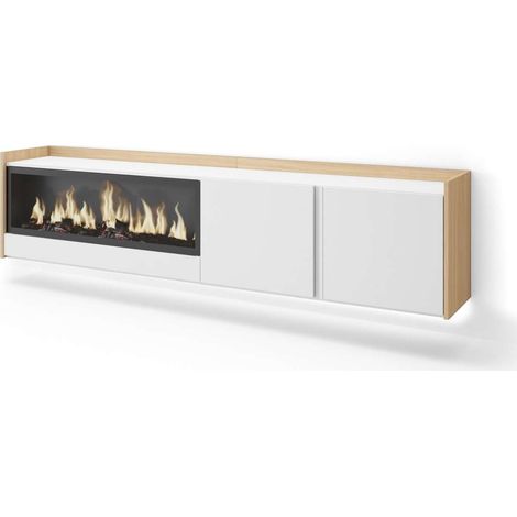 Mueble TV Sayalonga-01 de 212x50x35 cm con chimenea eléctrica y luces LED, suspendido, color blanco y roble soft (1/4)