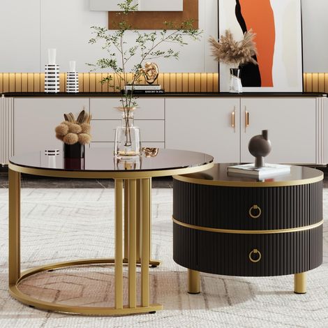 Lot de 2 tables basses gigognes avec 2 tiroirs - placage en verre trempé Marron - Noir (1/5)
