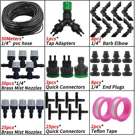 (KIT002-50M-B) Système de brumisation pour jardin, arrosage goutte à goutte extérieur, buses atomiseur en laiton 1/4'', tuyau 4/7 mm, pour serre ou parasol (1/5)