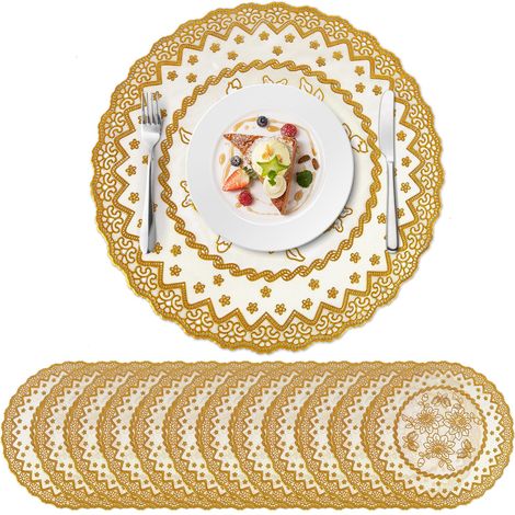 Set de Table Ronde en Dentelle Or Lot de 12,Set de Table Doré PVC Souple Lavable et Imperméable 38x38cm,Dessous de Plat pour Table à Manger Cuisine Mariage et Fêtes (1/5)