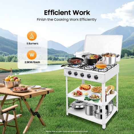 Réchaud à gaz à 5 flammes - Autonome - Cuisinière à gaz - 5 brûleurs - Pour camping et extérieur - Réchaud à gaz portable pour camping-car avec étagères blanc (1/5)