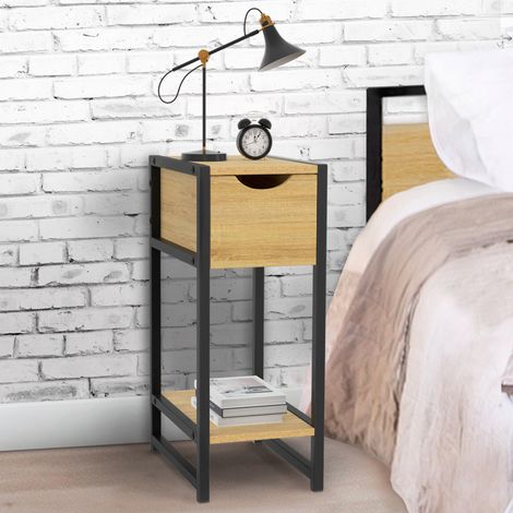 Lote de 2 mesillas de noche DETROIT de 1 cajón con estante de metal negro y madera, diseño industrial