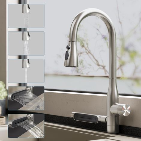 doporro Miscelatore Cucina Estraibile di Design Girevole a 360°, Finitura Cromo Spazzolato, Altezza 47 cm, 5 Tipi di Getto, Aeratore Rimovibile e Tubo Flessibile da 150 cm, Turnix-03 (1/5)