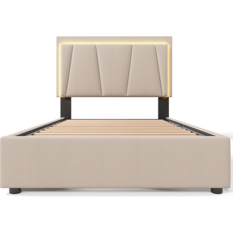 Lit capitonné avec éclairage LED et 2 tiroirs, tête de lit réglable, lit simple 90x200cm, cadre avec rangement, sommier en bois latté, beige (matelas inclus) (1/5)