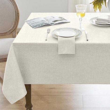 Nappe lavable 140x240cm aspect lin, Rectangulaire, Imperméable, Blanc ivoire