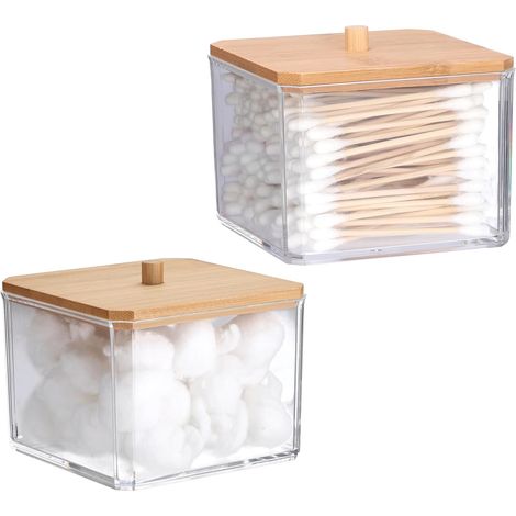 Lot de 2 Supports carrés, Acrylique transparent, Couvercle bambou, Rangement coton-tiges, Pour salle de bain