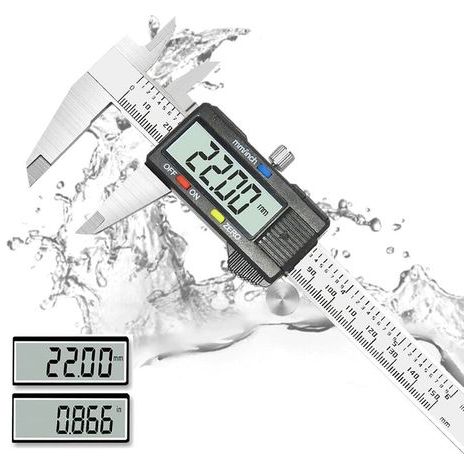 Calibrador digital de 150 mm, acero inoxidable, conversión mm/pulgada, pantalla LCD grande, alta precisión, resistente a salpicaduras. (1/5)