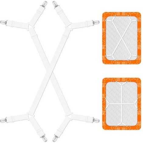Supports de drap-housse réglables, élastiques avec clips métalliques et sangles triangulaires réglables, blancs. (1/5)