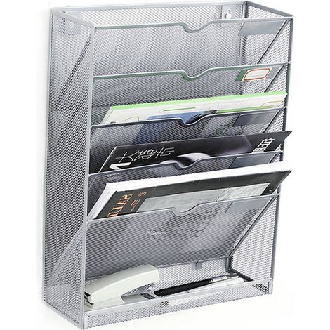 Classificateur mural de fichiers 5 niveaux pour bureau, organiseur vertical métal argent, avec trous pour fixation murale et bord poli, dimensions 100x320x410mm, livré avec 2 crochets, 2 tubes et 2 vi (1/5)