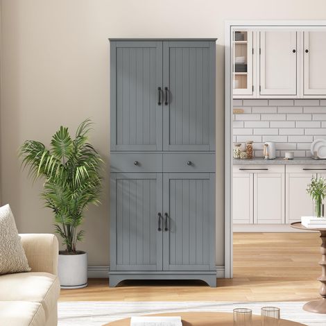 Buffet Haut avec 2 Tiroirs, Étagères Réglables et Plateau Coulissant, Colonne de Rangement Multifonctionnelle pour Cuisine, Salle à Manger, Salon ou Bureau,Gris (1/5)