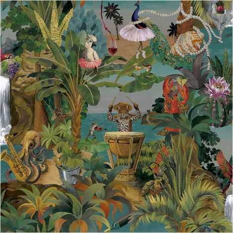 Animal Beach Party Wallpaper Multicoloured Tiger Birds Trees Nature Feature Wall (1/4)