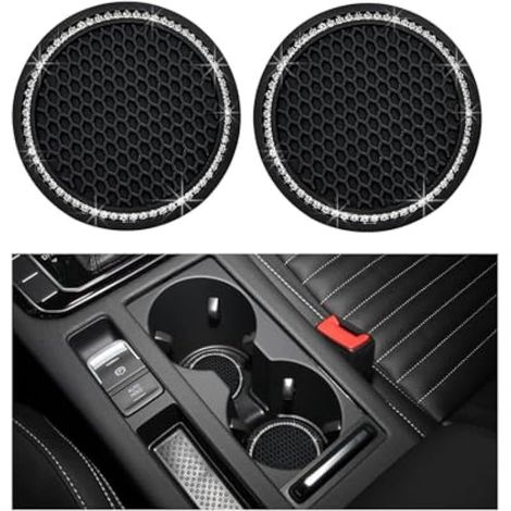 Dickno Lot de 2 porte-gobelets de voiture avec strass de 7 cm, tapis en silicone antidérapant intégré dans un support décoratif, accessoires de voiture universels pour femmes et filles (noir et blanc) (1/5)
