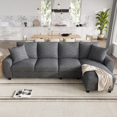 Divano angolare a L in ciniglia grigio, 3 posti, con chaise longue e portabicchieri, 280 cm (1/5)