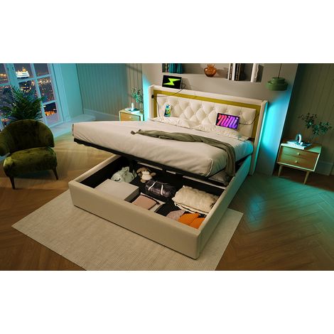 LED-Doppelbett 140x200 cm mit Stauraum und USB-C-Ladefunktion, beigefarbenes Kopfteil (1/5)