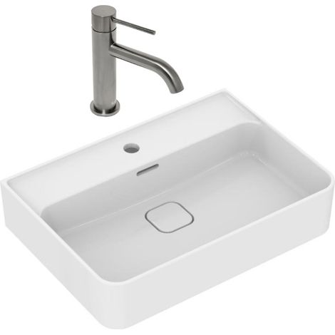Strada II lavabo 600x430 mm 1 foro + miscelatore lavabo da appoggio SAT Aurum, nero opaco (T300001SAT271BGM) (1/5)