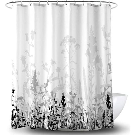 Rideau de douche 180x210cm Noir et gris Tapis de bain à motifs floraux Rideau de douche avec vaisselle Accessoires de salle de bain décoratifs Imperméable Renforcé par du métal G (1/5)