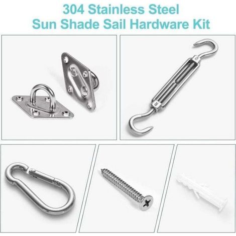 Kit De Fixation Pour Voile D'ombrage - Acier Inoxydable - Compatible Triangle Carré Rectangle - 4 Supports Muraux 4 Mousquetons 4 Vis De Tension 16 Vis (1/4)
