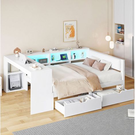 Lit plateforme MDF et contreplaqué blanc 140x200 cm avec rangements, 2 tiroirs, ports USB, prises et LED (1/5)