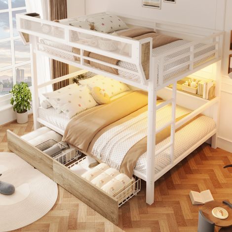 Lit mezzanine 140x200 cm avec LED, 2 tiroirs, étagères et panier de rangement, structure métal et MDF blanc