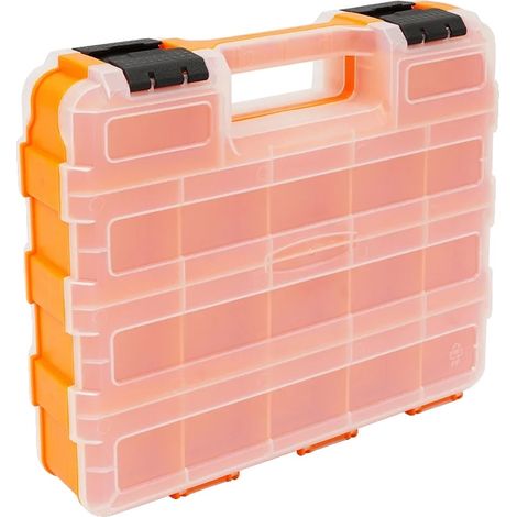 Caja de herramientas, 34 compartimentos, separadores ajustables, color naranja y transparente. (1/2)