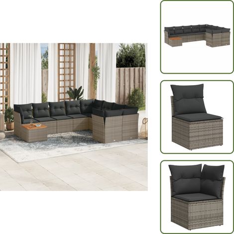 The Living Store 10-tlg. Garten-Sofagarnitur mit Kissen Grau Poly Rattan - Gartenmöbel Set - Outdoor Möbel - Rattan Sofa - Lounge Set - Esstisch (1/5)