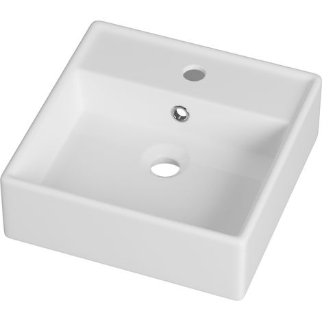 Lavabo à Poser en Céramique Blanche MONA Carré avec Trop-Plein et Trou pour Robinet 38x38x12,5 cm (1/5)