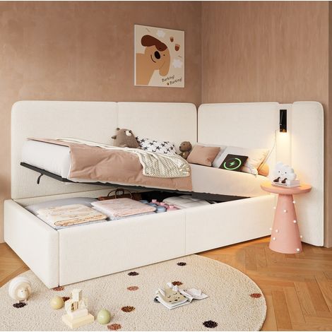 Letto singolo 90x200 cm con testiera, lampada da lettura, USB, Type-C e base, in tessuto beige, materasso non incluso (1/5)