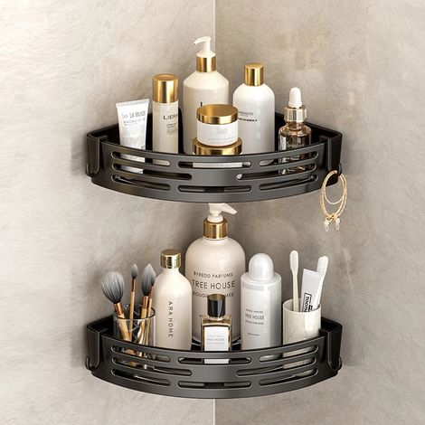 (Noir) Étagère d'angle moderne pour salle de bain, auto-adhésive, idéale pour ranger cosmétiques et produits de toilette. Cadeau parfait pour la Saint-Valentin. Décoration intérieure. (1/5)