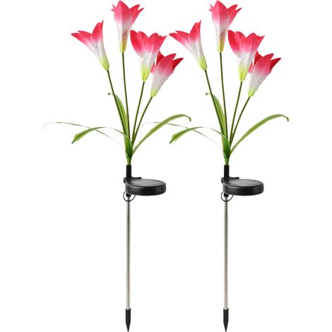 Juego de 2 luces solares con forma de lirio para montar en estacas decorativas. Iluminación LED RGB impermeable para jardín, ideal para entradas de vehículos, césped, jardines y seguridad. (1/5)