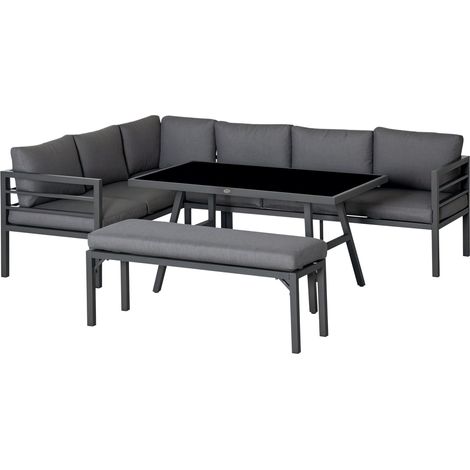 L-Shaped 4-Piece Garden Furniture Set for 8,Aluminium Outdoor Dining Set with Sofa,Bench,Table and Cushions in Grey