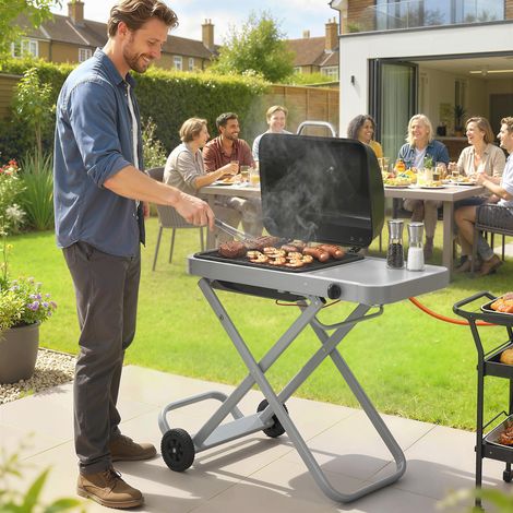 Barbacoa de Gas Plegable con Quemador 2,5 kW Tapa Termómetro Mesa Lateral y 2 Ruedas Parrilla Recogedor Grasa Negro (1/5)