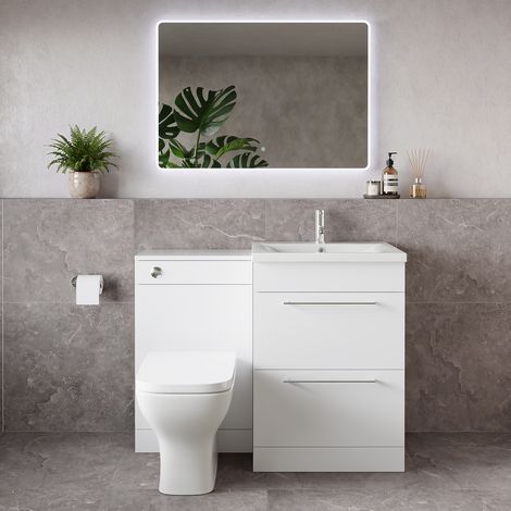 Napoli 460 Gloss White 1100mm 2 Drawer Vanity Unit Toilet Suite with Glide Basin - 1100mm - Chrome 320mm HandleWith Kingston Toilet Pan and Seat