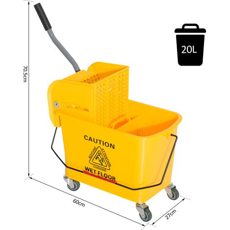 Seau à serpillière 20 L avec roulettes et essoreuse, séparateur d'eau, 60 x 27 x 70,5 cm, jaune