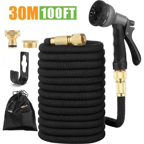 Tuyau Arrosage Extensible 30M, Enrouleur de Tuyau d'Arrosage avec Support Tuyau Arrosage Mural pour Jardin - Noir (1/4)