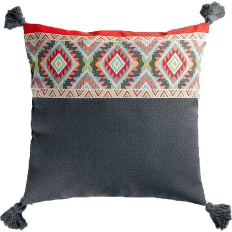 Coussin à Pompons "Aztec" 40x40cm Gris