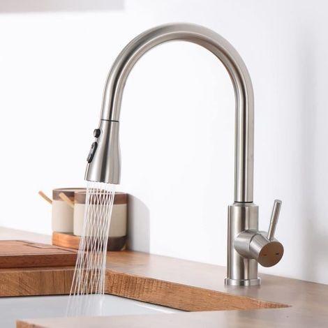 Mitigeur de cuisine nickel brossé – Douchette extractible 60cm – Rotatif 360° – Acier inoxydable 304 – Système de rétraction amélioré – Sworn (1/5)