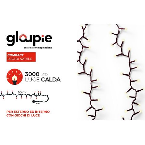 GLOUPIE Luci DI Natale Compact da 65 MT Con 3000 led Bianco Caldo, Cavo Verde, Distanza Luci 2,2 Cm, Funzione Memoria e Timer (1/5)