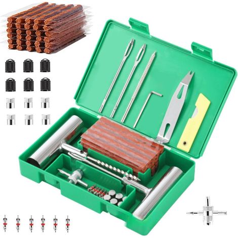 Kit de Réparation Crevaison Voiture  Répare Crevaisons Moto et Vélo  Réparation Pneus en 15 Minutes  58 Pièces, 24 Mèches, 2 Outils en T, Valves et Cutter  pour Tous Types de Pneus (1/5)