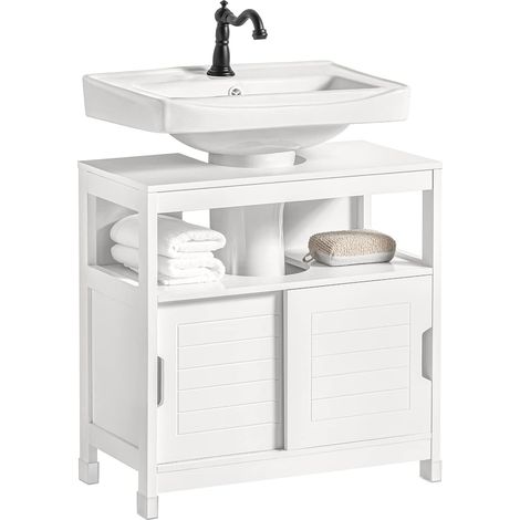 Sobuy – Meuble sous vasque simple 60x30x61 cm – 1 étage et 2 portes coulissantes – Bois MDF laqué blanc – FRG128IIW