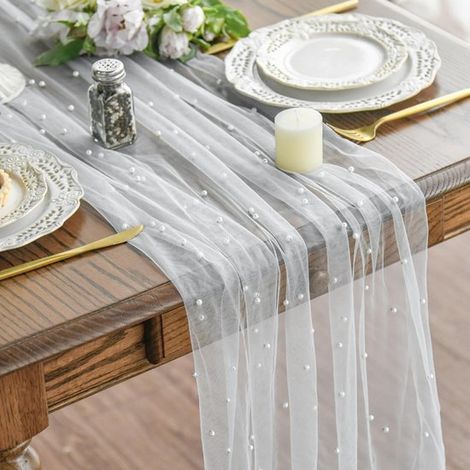 Nappe bleu clair à perles blanches, en maille douce et soyeuse, 76 x 305 cm, idéale pour les mariages, les fêtes et la décoration de table. (1/5)