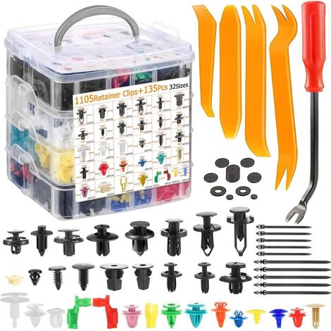 1240 clips para coche, 32 tamaños de clips remache, clips de sujeción de plástico universales con herramienta de extracción y bridas para cables para paneles de puertas y parachoques de coche. (1/5)