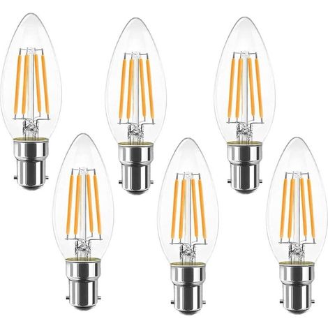 Lot de 6 ampoules LED B15 Baïonnette à filaments vintage bougie C35, sans scintillement à vis Edison – 4W (équivalent 40 W) 400 lm blanc chaud 2700 K, non variable. [Classe énergétique B] (1/5)